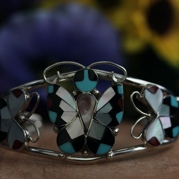 Native American Zuni Inlay Butterfly Sterling Silver Cuff Bracelet