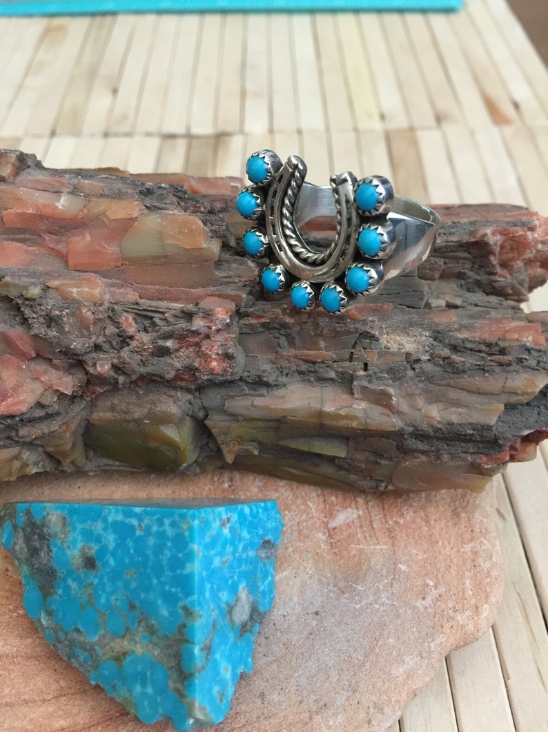 Native American Indian Jewelry Handmade Sterling Silver Turquoise Horseshoe Ring Size 12