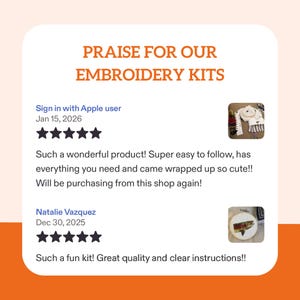 May include: A customer review graphic titled PRAISE FOR OUR EMBROIDERY KITS featuring two five-star reviews. The first review by Sign in with Apple user includes a small photo of embroidery supplies. The second by Natalie Vazquez shows a finished fish design.