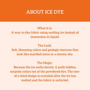 May include: An orange and cream graphic explains ice dye techniques. Text describes the process of dyeing fabric with melting ice, resulting in soft, blooming colors and unique geologic textures. The design is revealed after the ice melts.