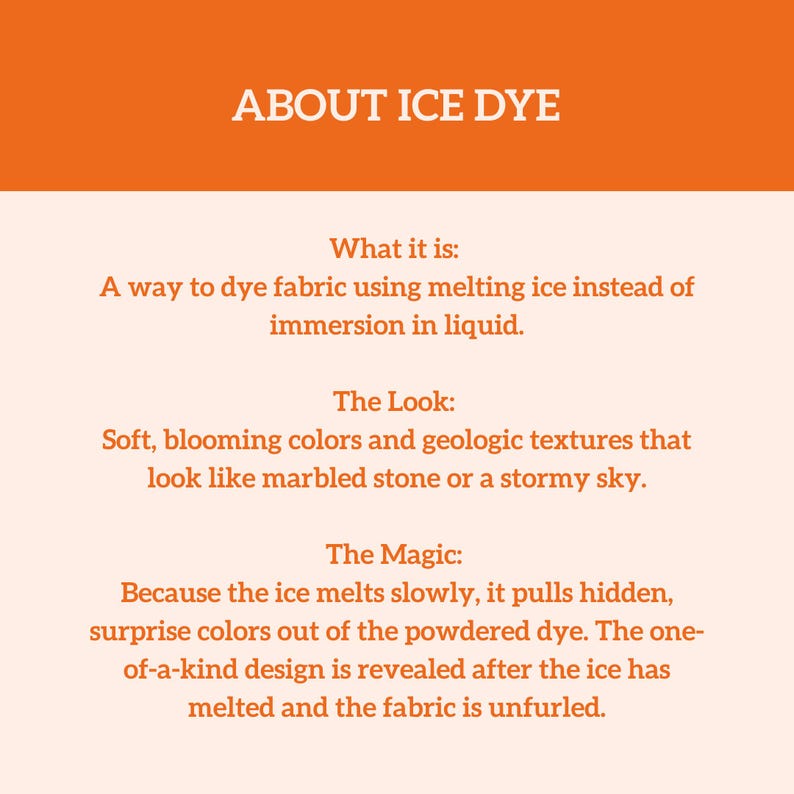 May include: An orange and cream graphic explains ice dye techniques. Text describes the process of dyeing fabric with melting ice, resulting in soft, blooming colors and unique geologic textures. The design is revealed after the ice melts.