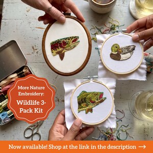 May include: Three embroidery hoops featuring wildlife designs on white fabric: a trout, a mallard duck, and a bass. The kit includes colorful embroidery floss in a metal tin and scissors. Text reads: More Nature Embroidery: Wildlife 3-Pack Kit.