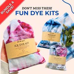 May include: An assortment of ice dye kits, featuring fabric dyed with vibrant pink, blue, and purple hues. Each kit is packaged with a brown label that reads "ICE DYE KIT" and "INDIGO KIT". The image also includes the text "DON'T MISS THESE FUN DYE KITS".