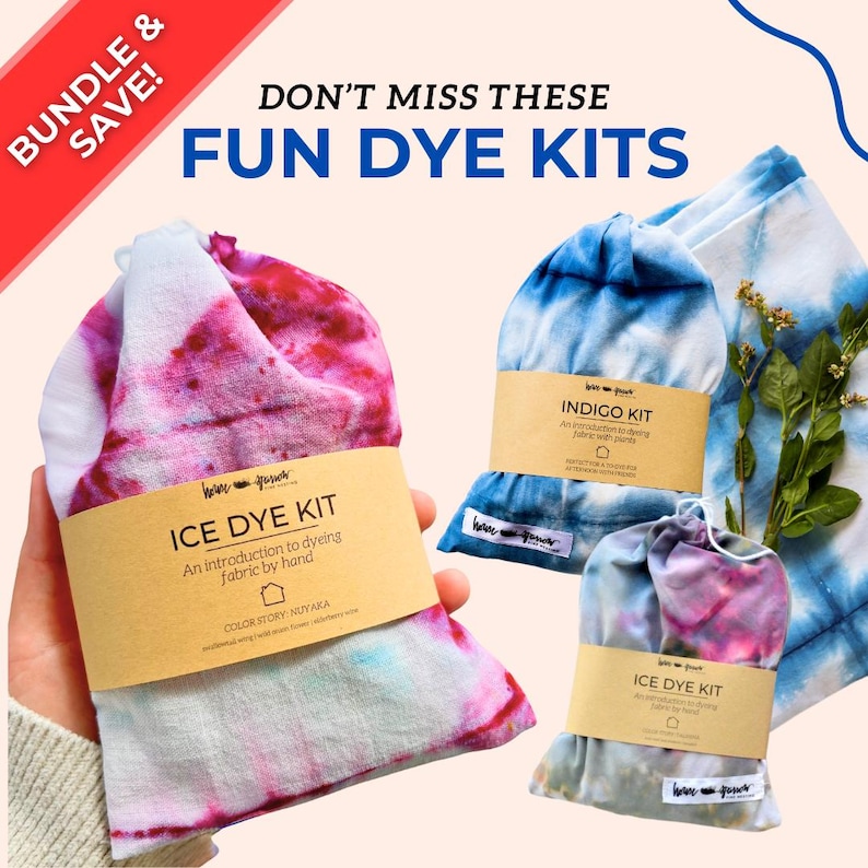 May include: An assortment of ice dye kits, featuring fabric dyed with vibrant pink, blue, and purple hues. Each kit is packaged with a brown label that reads "ICE DYE KIT" and "INDIGO KIT". The image also includes the text "DON'T MISS THESE FUN DYE KITS".