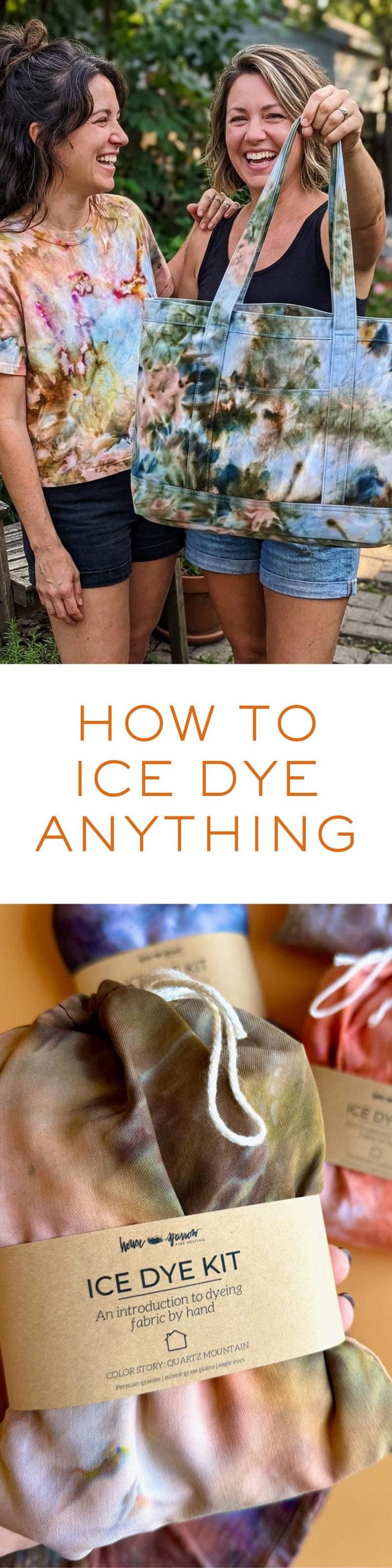 May include: Two women smiling, one wearing a tie-dye shirt and the other holding a tie-dye tote bag. The image also shows a kit for ice dyeing fabric, with the text "HOW TO ICE DYE ANYTHING".