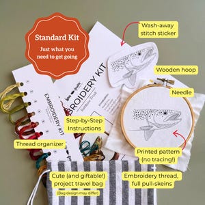 Rainbow Trout Embroidery Kit Beginner Needlework Set Complete Instructions Wooden Hoop Craft Project Fish Art Miniature Design Nature image 4