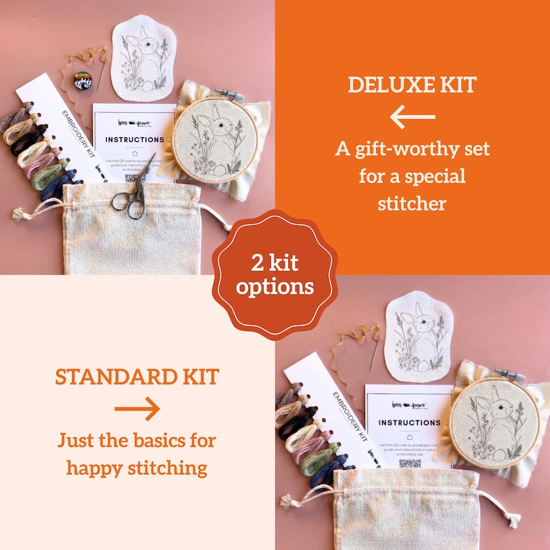 May include: An embroidery kit featuring a wooden hoop with a rabbit design, a fabric swatch with a rabbit print, embroidery floss in various colors, a needle, scissors, and an instruction booklet labeled EMBROIDERY KIT and INSTRUCTIONS.