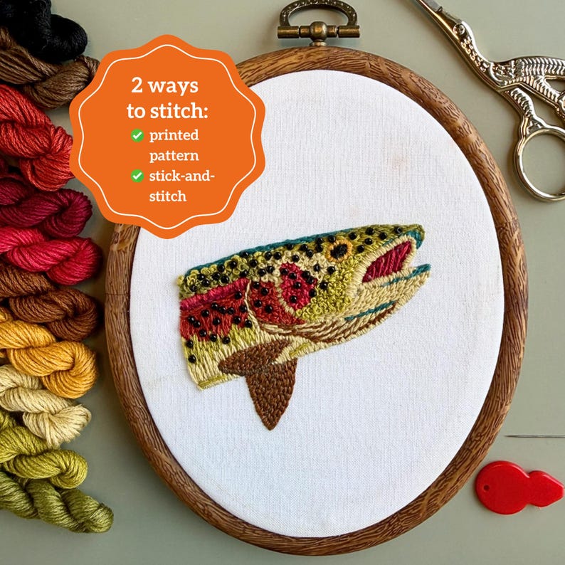 May include: An embroidery hoop containing white fabric with a stitched trout head design. The text reads 2 ways to stitch: printed pattern, stick-and-stitch. Beside the hoop are colorful embroidery floss skeins, metal scissors, and a red tool.