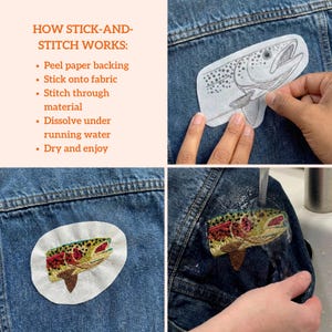 May include: A stick-and-stitch embroidery stabilizer featuring a trout design on a white adhesive backing. The text reads: HOW STICK-AND-STITCH WORKS: Peel paper backing, Stick onto fabric, Stitch through material, Dissolve under running water, Dry and enjoy.