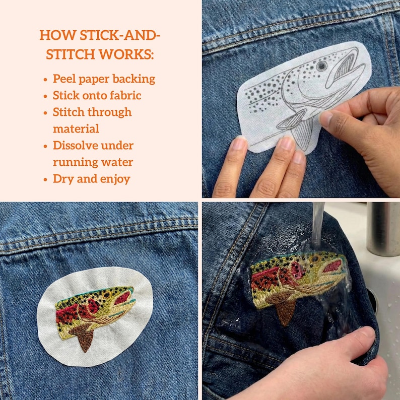 May include: A stick-and-stitch embroidery stabilizer featuring a trout design on a white adhesive backing. The text reads: HOW STICK-AND-STITCH WORKS: Peel paper backing, Stick onto fabric, Stitch through material, Dissolve under running water, Dry and enjoy.