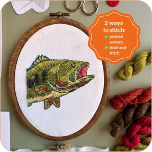 Puede incluir: Un bastidor de bordado ovalado de madera con tela blanca y un dise&ntilde;o de pez verde bordado. Un gr&aacute;fico naranja festoneado dice: 2 ways to stitch: printed pattern, stick-and-stitch. Varias madejas de hilo de bordar en verde, rojo y marr&oacute;n.