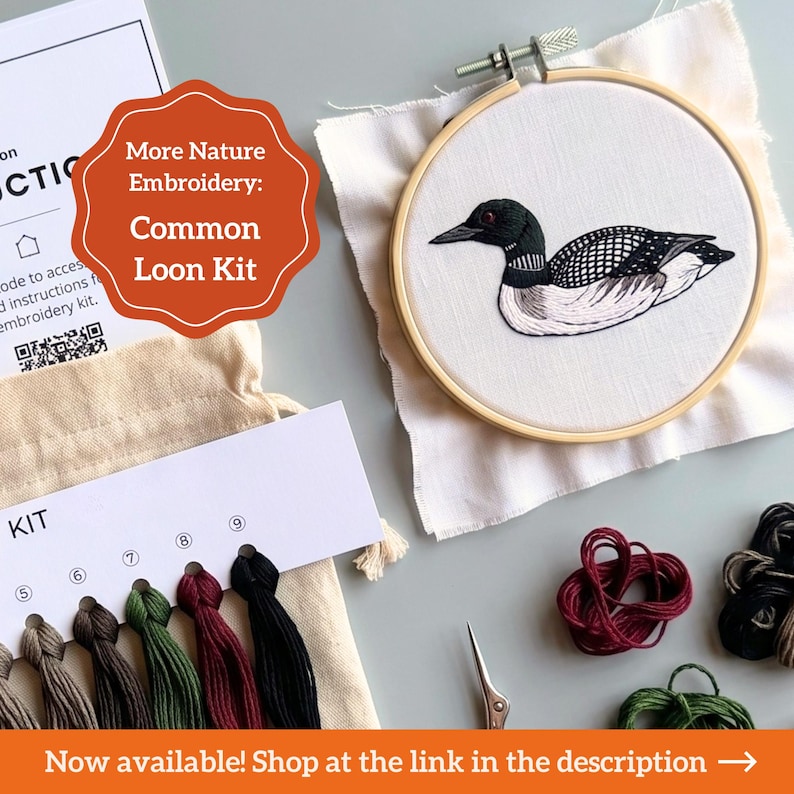 May include: An embroidery kit featuring a wooden hoop with a white fabric panel displaying a stitched common loon. The kit includes a card with numbered embroidery floss in shades of brown, green, maroon, and black, plus a printed instruction sheet.