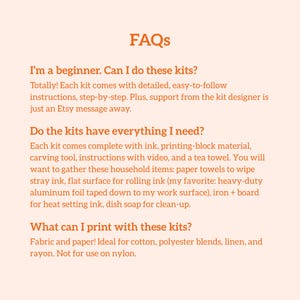May include: Text on a peach background reads "FAQs" followed by questions and answers about craft kits. The questions cover beginner-friendliness, kit contents, and suitable printing materials like fabric and paper.
