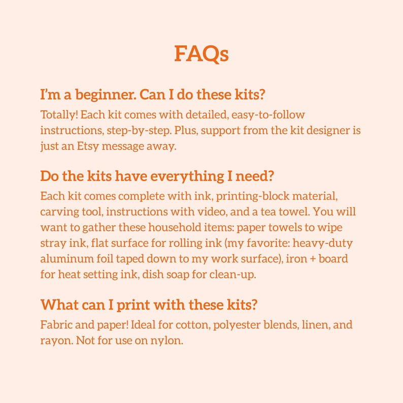 May include: Text on a peach background reads "FAQs" followed by questions and answers about craft kits. The questions cover beginner-friendliness, kit contents, and suitable printing materials like fabric and paper.