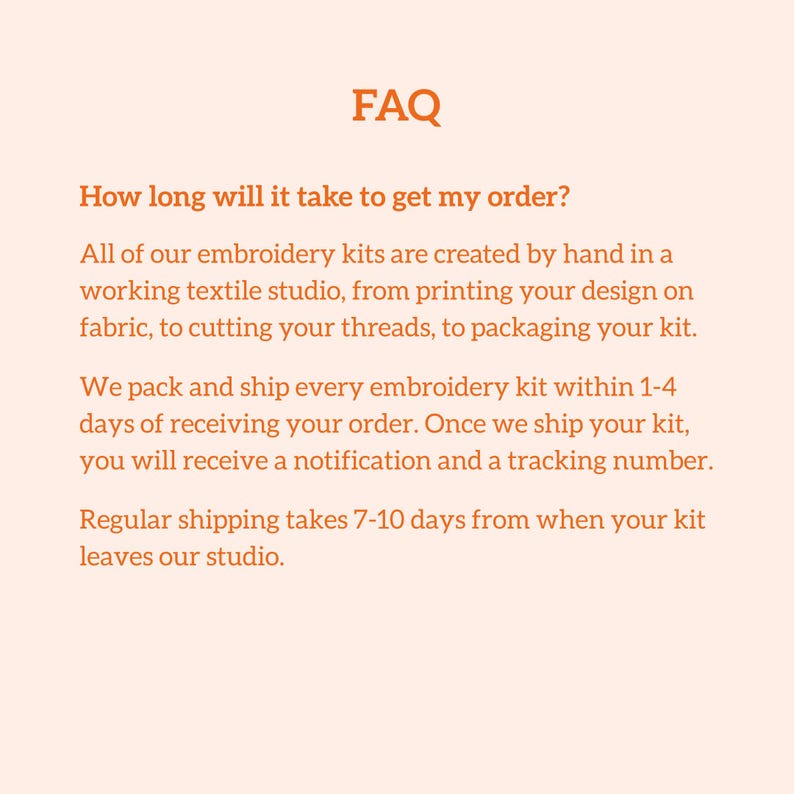 May include: A light peach-colored informational graphic with dark orange text titled FAQ. The text explains the production process for embroidery kits, including hand-printing fabric, cutting threads, packaging, and the 1-4 day processing time.