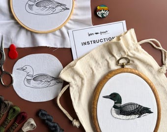 Kit de bordado de somormujo para principiantes. Patrón de costura. Naturaleza. Aves. Manualidades de costura. Vida silvestre. Aves acuáticas. Lago. Cabaña. Arte de pared. Juego de aros. Proyecto de bricolaje. Regalo.
