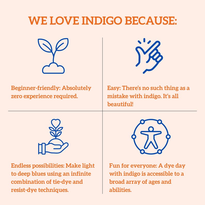 May include: A graphic with the text "WE LOVE INDIGO BECAUSE:" and four reasons: beginner-friendly, easy, endless possibilities, and fun for everyone. Each reason is accompanied by a blue line drawing.
