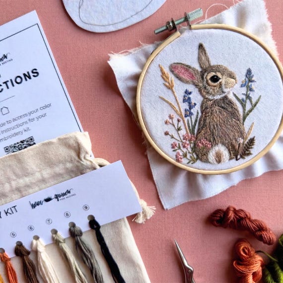 Bunny Embroidery Kit Cottagecore Nursery Decor Dainty Flowers Hobby Gift Sewing Mindful Digital Detox Hand Stitch Project Woodland Animal