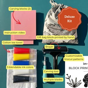 May include: A deluxe block printing kit with carving blocks, a brayer, carving tool, multiple blades, and five blendable ink colors. Includes a cotton tea towel and a gift bag with a leaf pattern. The kit also includes an instruction video.