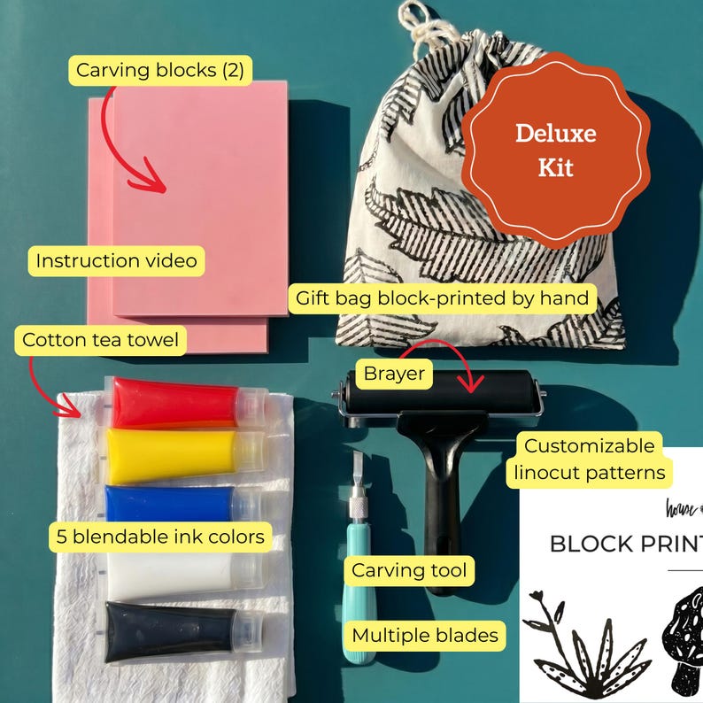 May include: A deluxe block printing kit with carving blocks, a brayer, carving tool, multiple blades, and five blendable ink colors. Includes a cotton tea towel and a gift bag with a leaf pattern. The kit also includes an instruction video.