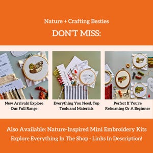 Op de afbeelding: Een oranje afbeelding met de tekst "Nature + Crafting Besties DON'T MISS:" en drie afbeeldingen van borduurpakketten. De pakketten bevatten op de natuur ge&iuml;nspireerde ontwerpen, waaronder een eend, vis en andere elementen. Tekst bevat "Explore Everything In The Shop - Links In Description!".