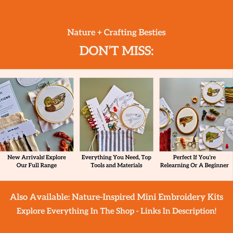 Op de afbeelding: Een oranje afbeelding met de tekst "Nature + Crafting Besties DON'T MISS:" en drie afbeeldingen van borduurpakketten. De pakketten bevatten op de natuur ge&iuml;nspireerde ontwerpen, waaronder een eend, vis en andere elementen. Tekst bevat "Explore Everything In The Shop - Links In Description!".