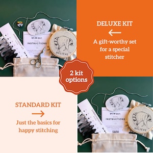 May include: An embroidery kit featuring a raccoon design with the text BELIEVE, including a wooden hoop, embroidery floss in shades of gray, a needle, instructions, and a drawstring bag. The kit is presented in two options: Deluxe and Standard.