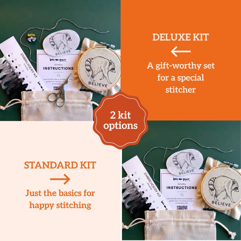 May include: An embroidery kit featuring a raccoon design with the text BELIEVE, including a wooden hoop, embroidery floss in shades of gray, a needle, instructions, and a drawstring bag. The kit is presented in two options: Deluxe and Standard.