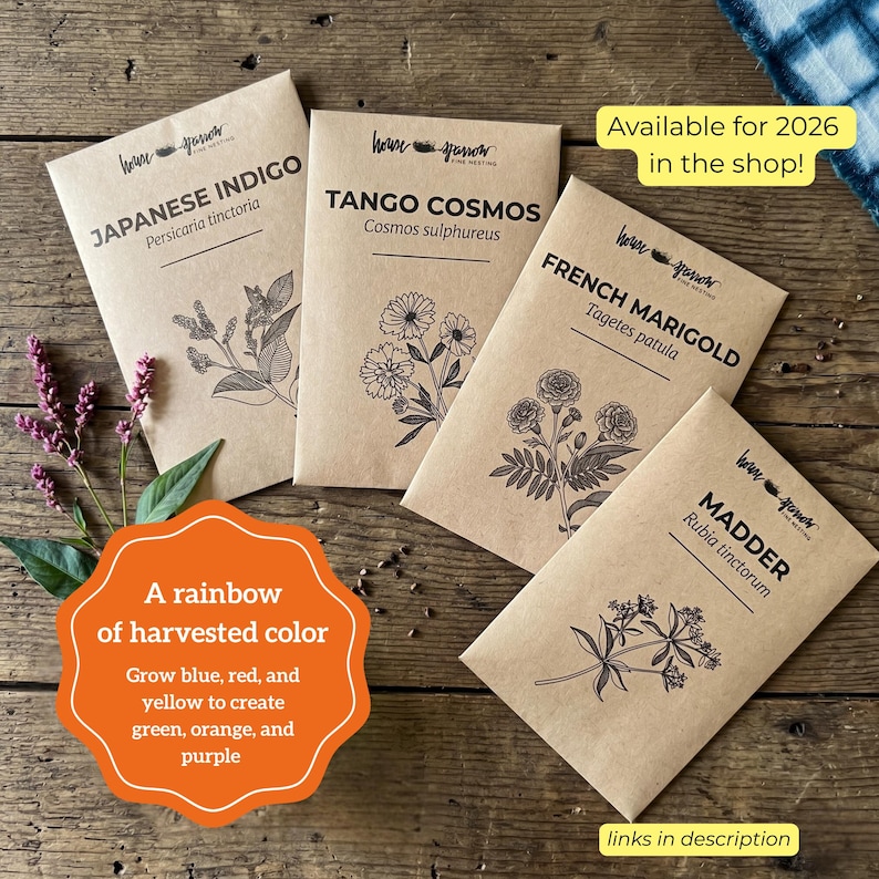 Op de afbeelding: Vier zaadzakjes op een houten oppervlak. De zakjes zijn gelabeld met "Japanese Indigo", "Tango Cosmos", "French Marigold" en "Madder". Elk zakje heeft een botanische illustratie. Tekst op een oranje vorm: "A rainbow of harvested color".