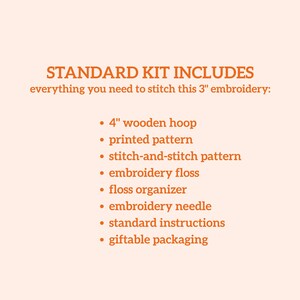 Puede incluir: Texto sobre fondo melocot&oacute;n: "STANDARD KIT INCLUDES" y una lista para un bordado de 7,6 cm. Incluye un bastidor de madera de 10 cm, un patr&oacute;n impreso, hilo de bordar, una aguja e instrucciones.