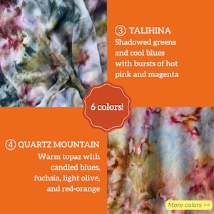 May include: Close-up of fabric with a tie-dye effect, featuring shadowed greens, cool blues, and bursts of hot pink and magenta. The text says "6 colors!" and "More colors >>". The fabric is labeled "TALIHINA" and "QUARTZ MOUNTAIN".
