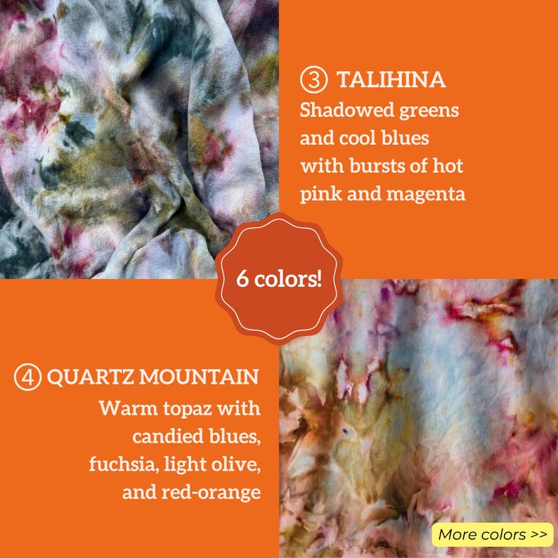May include: Close-up of fabric with a tie-dye effect, featuring shadowed greens, cool blues, and bursts of hot pink and magenta. The text says "6 colors!" and "More colors >>". The fabric is labeled "TALIHINA" and "QUARTZ MOUNTAIN".