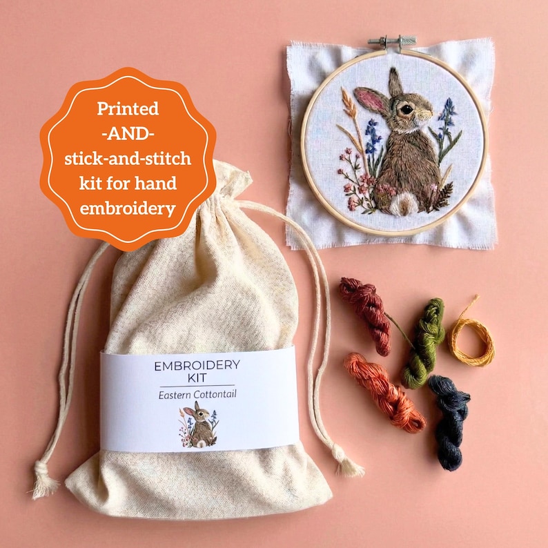 Bunny Embroidery Kit Cottagecore Nursery Decor Dainty Flowers Hobby Gift Sewing Mindful Digital Detox Hand Stitch Project Woodland Animal image 2