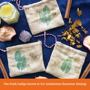 Op de afbeelding: Een bovenaanzicht toont drie beige zakjes met groene bladerprints, tegen een blauwe achtergrond. Kaneelstokjes, gedroogde appelschijfjes, een potje met gele vloeistof en een paars kristal zijn ook aanwezig. De tekst luidt: Gebruik verse indigobladeren om tatakizome (hamerverven) te proberen.