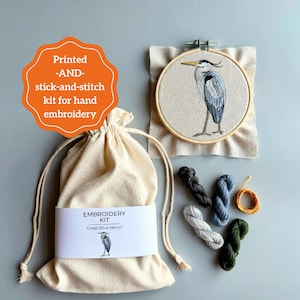 Blue Heron Embroidery Kit Nature Lover Art Modern Needlepoint DIY Wall Gift Birding Craft Wetland Wildlife Decor Wading Bird Sewing Project