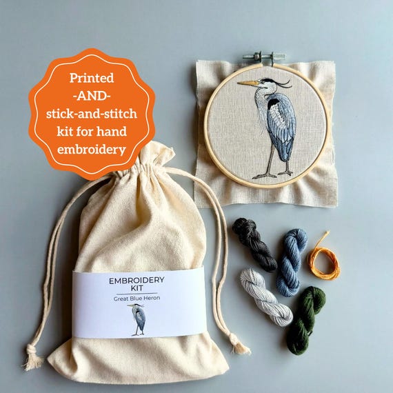 Blue Heron Embroidery Kit Nature Lover Art Modern Needlepoint DIY Wall Gift Birding Craft Wetland Wildlife Decor Wading Bird Sewing Project