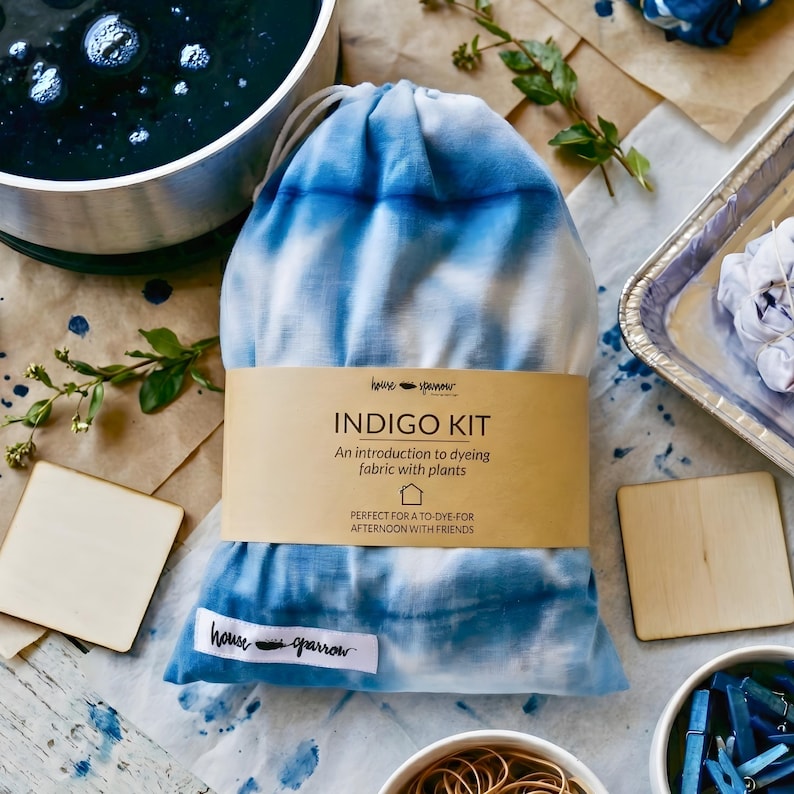 Complete indigo dye kit for beginner tie dye craft kit for adults. Kit includes all supplies needed to create unique DIY wedding decorations, custom bridal party tshirts, and matching tie dye bridal robes.