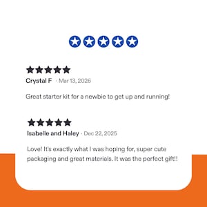 May include: A white background with customer reviews and blue star ratings. The reviews are from Crystal F, dated March 13, 2026, and Isabelle and Haley, dated December 22, 2025. The reviews mention a starter kit and cute packaging.
