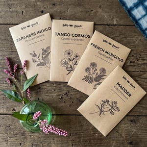Natuurlijke kleurstofzaden Botanische tuin Textielkunstenaar Cadeaukit Plantaardige kleurstoffen Indigo meekrap Kosmos Goudsbloemvezel Ambachtelijke benodigdheden Homeschool Geschiedenis