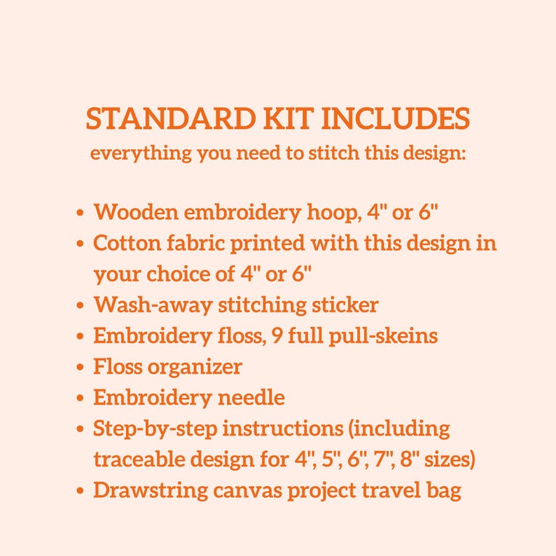 May include: An embroidery kit list on a light background with orange text: STANDARD KIT INCLUDES everything you need to stitch this design: Wooden embroidery hoop, 4" or 6", Cotton fabric, Wash-away stitching sticker, 9 floss skeins, organizer, needle, instructions for 4"-8" sizes, and a drawstring canvas travel bag.