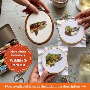 Pu&ograve; includere: Tre telai da ricamo con disegni di fauna selvatica su tessuto bianco: una trota, un germano reale e un branzino. Il kit include una scatola di metallo con fili da ricamo e forbici. Il testo sull'immagine recita: More Nature Embroidery: Wildlife 3-Pack Kit.