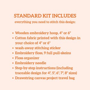 Pu&ograve; includere: Un elenco del contenuto di un kit da ricamo con testo arancione su sfondo chiaro. Include un telaio da ricamo in legno, tessuto di cotone, un adesivo idrosolubile, 9 matasse di filo, un organizer per fili, un ago, istruzioni e una borsa in tela.
