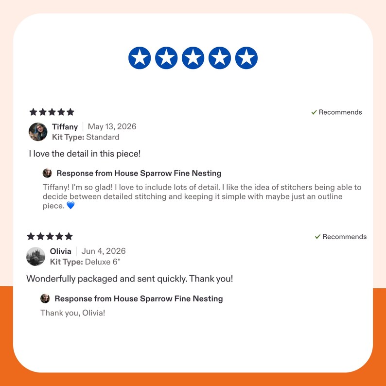 Pu&ograve; includere: Una sezione di recensioni dei clienti con cinque stelle blu in alto. Sono visualizzate due recensioni, una di Tiffany datata 13 maggio 2026 per un kit Standard e una di Olivia datata 4 giugno 2026 per un kit Deluxe da 6 pollici, con risposte.
