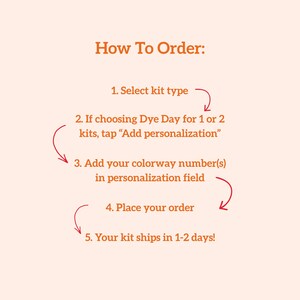 May include: A peach-colored graphic with the text "How To Order:" followed by numbered steps. The steps include selecting a kit type, adding personalization, adding colorway numbers, placing an order, and shipping information.