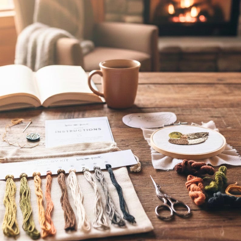 Puede incluir: Un kit de punto de cruz con un dise&ntilde;o de pato en un bastidor de madera. El kit incluye hilo de bordar, tijeras e instrucciones. Una taza de caf&eacute; y un libro abierto est&aacute;n sobre una mesa de madera, creando un ambiente acogedor.