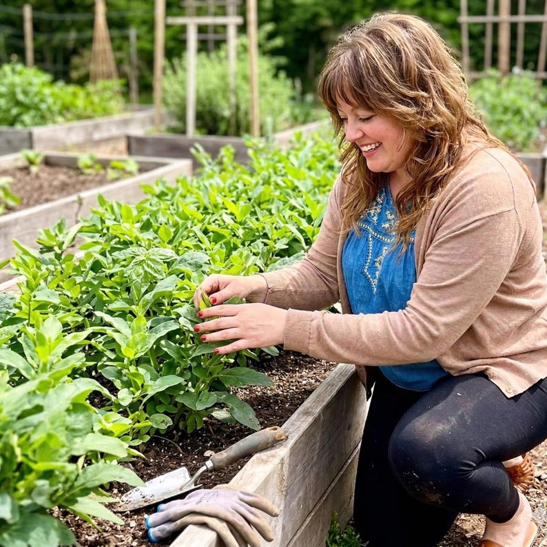 Op de afbeelding: Een persoon verzorgt een verhoogde plantenbak gevuld met weelderige groene planten. De persoon draagt een blauwe top, een beige vest en een zwarte broek. Tuingereedschap, waaronder een troffel en handschoenen, is zichtbaar.