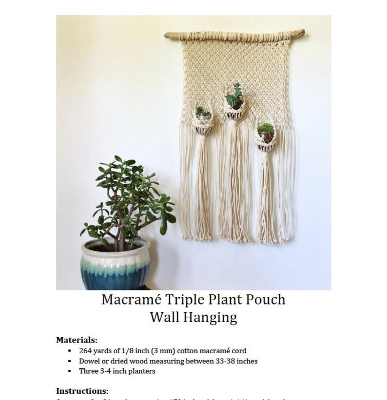 Macrame Wall Hanging Pattern for Triple Plant Hanger Pouches Macrame Pattern Wall Hanging Macrame DIY Macrame Wall Hanging image 5