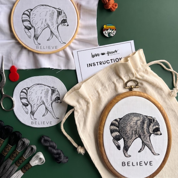 Jimothy Raccoon Embroidery Kit Beginner Hand Stitch Set Funny Seattle Trash Panda Gift for Him Cute Animal Craft Present Adult Hobby Starter