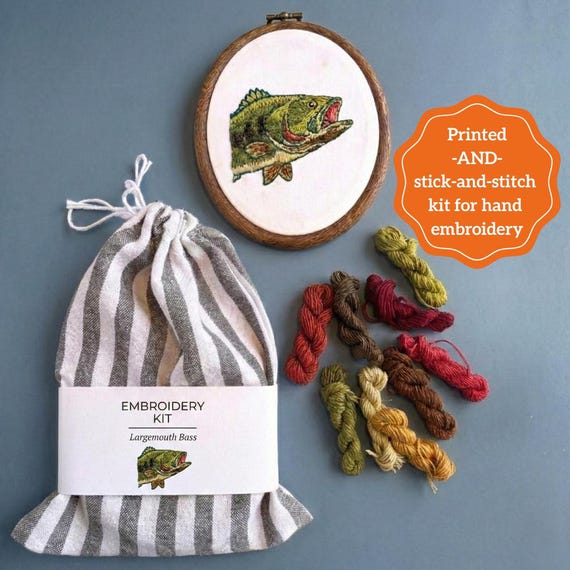 Largemouth Bass Embroidery Kit Beginner Needlework Set Complete Instructions Wooden Hoop Craft Project Fish Art Miniature Design Nature