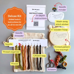 Puede incluir: Un kit de bordado con un patr&oacute;n impreso, hilo, un bastidor de 10 cm, tijeras y un enhebrador de agujas. El kit incluye una bolsa de regalo, instrucciones y un sujetador de agujas. El kit est&aacute; etiquetado como un kit de lujo.